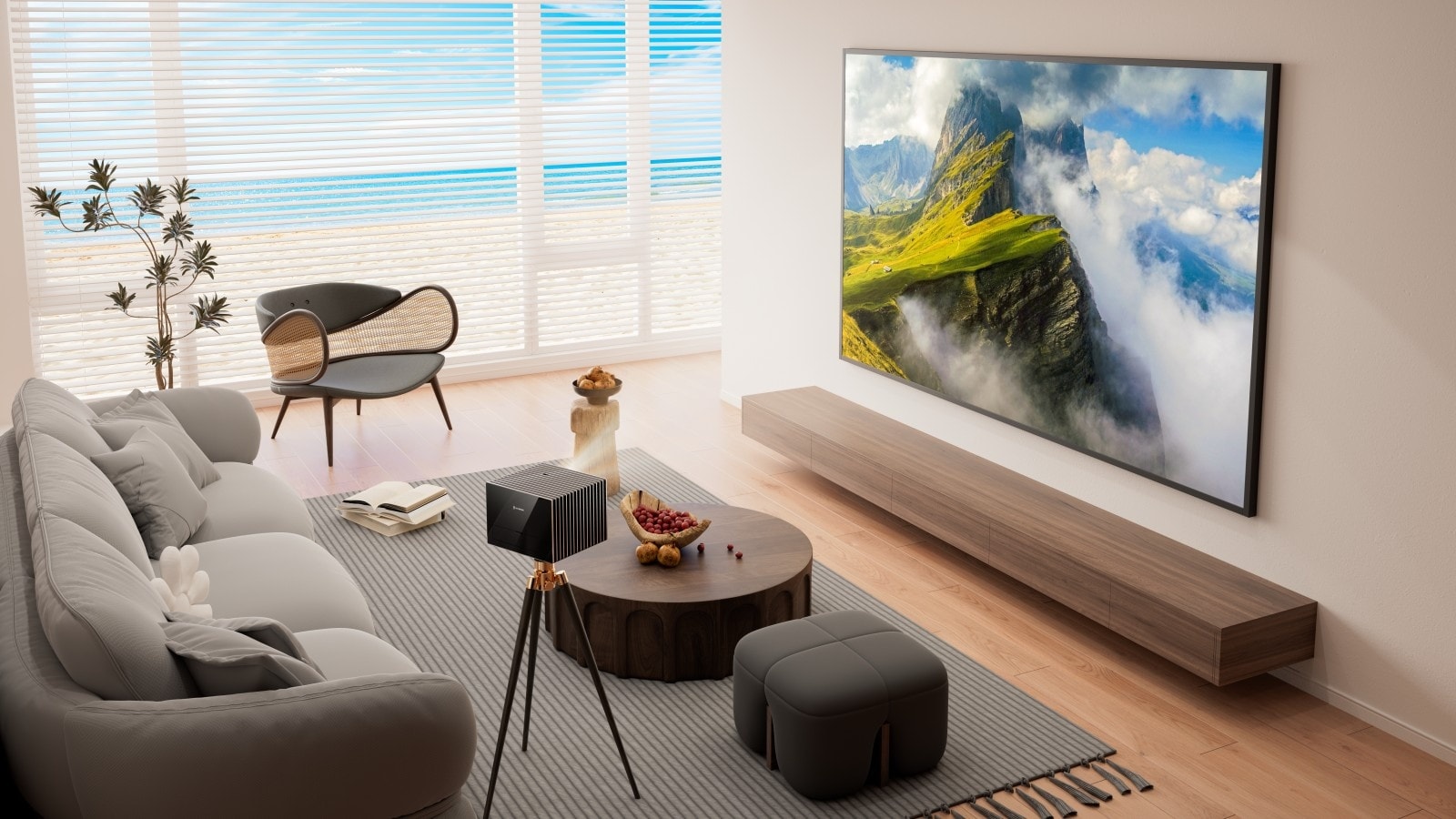 Der ALR-Bildschirm zeigt ein klares und helles Bild im Wohnzimmer einer hellen, modernen Strandvilla.