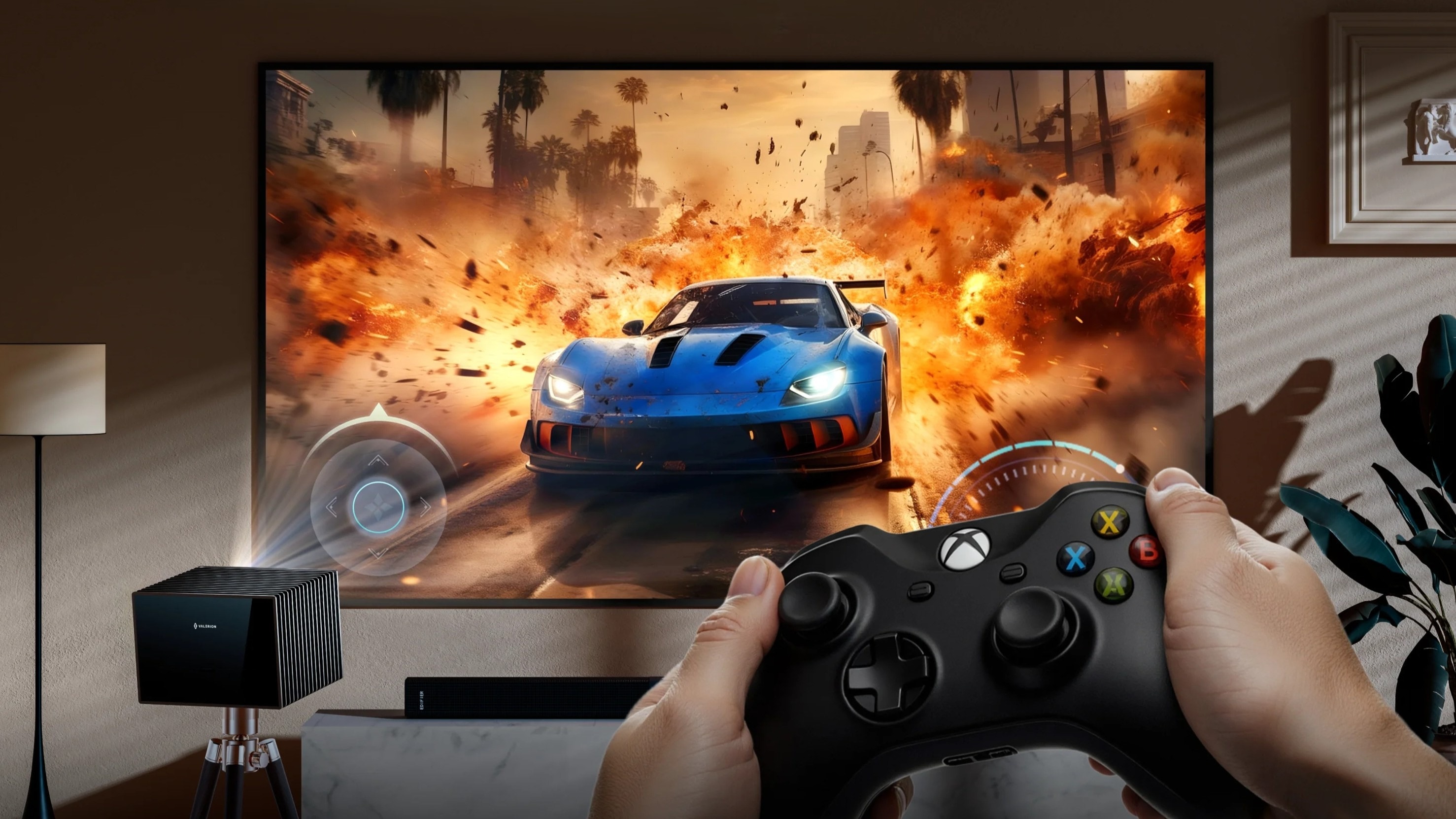 Gaming projector setup showing racing gameplay on a large screen with a controller for immersive sim racing
