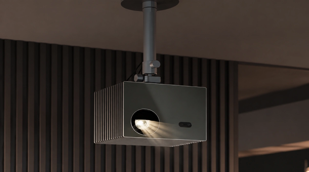 The ceiling-mounted projector is securely installed on the ceiling.