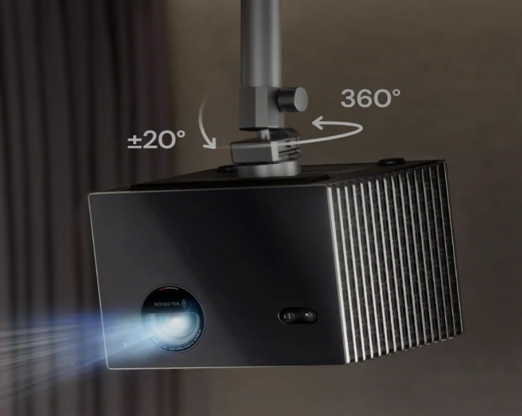 Ceiling-mounted projector with 360° rotation and ±20° tilt adjustment