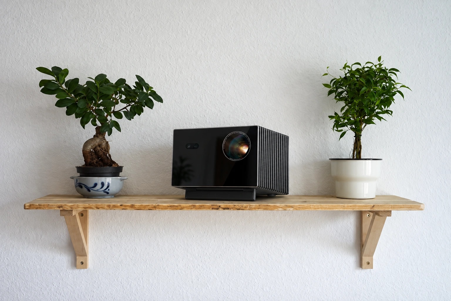 a projector placed on a wooden shelf