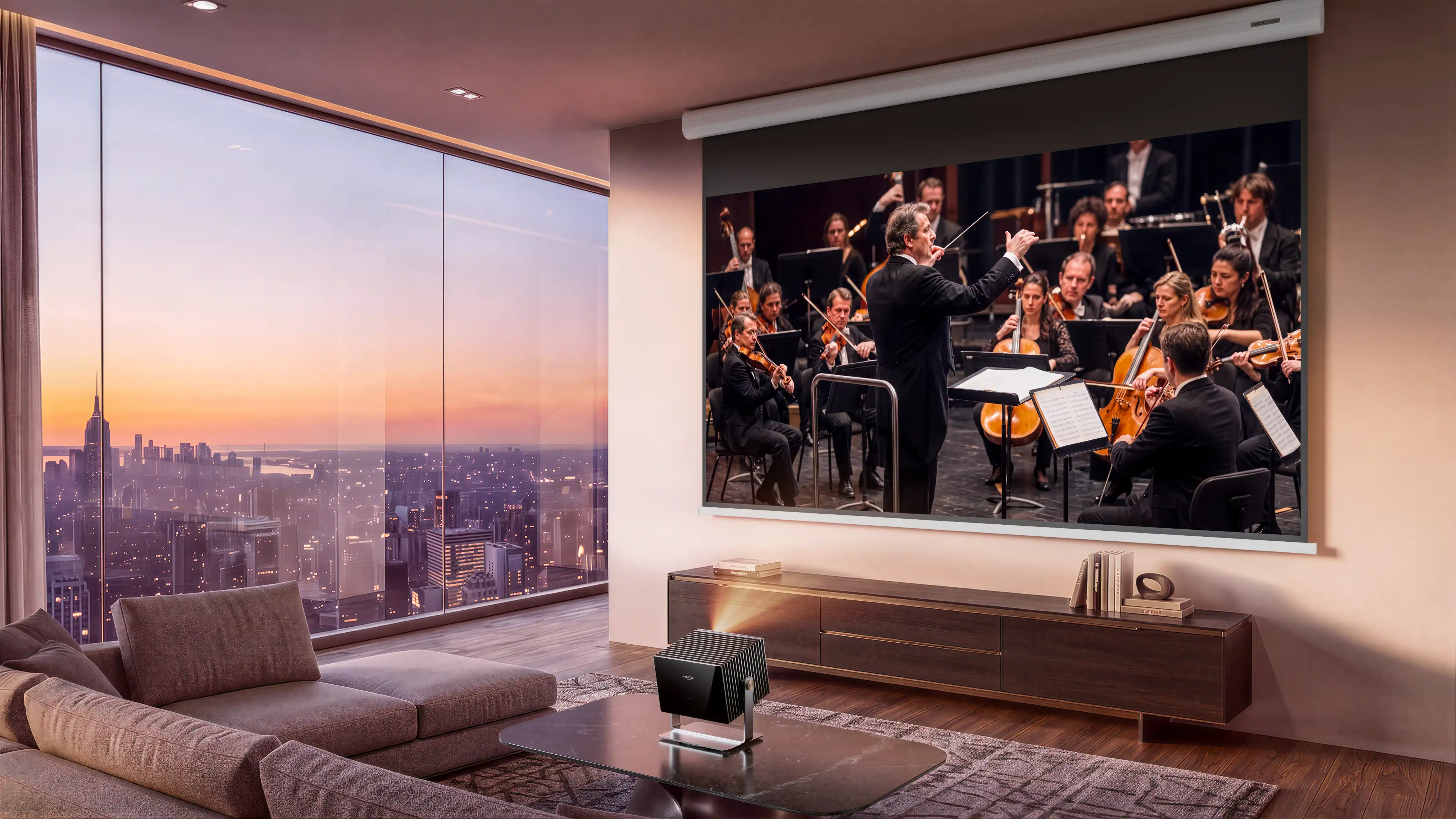 AWOL Valerion CineContrast motorized drop-down gray fiberglass projector screen in a living room home theater