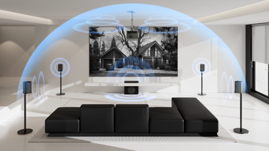 AWOL Valerion's wireless audio solution, ThunderBeat speaker connects to any projector's eARC port the same way a soundbar does, but spreads 4.1.2 or 5.1.2 channels of Dolby Atmos and DTS:X across the room with a sub-30-millisecond wireless link and no speaker cables at all.