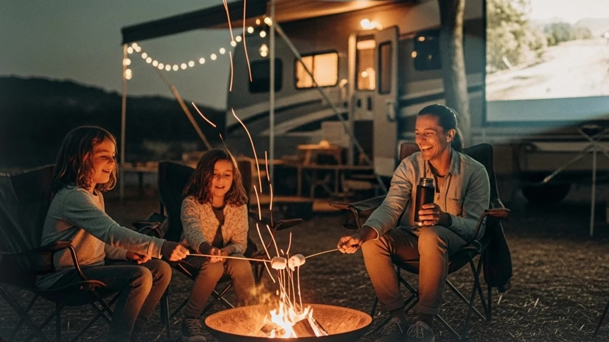 Familie am Lagerfeuer vor einem Wohnmobil mit Filmprojektion.