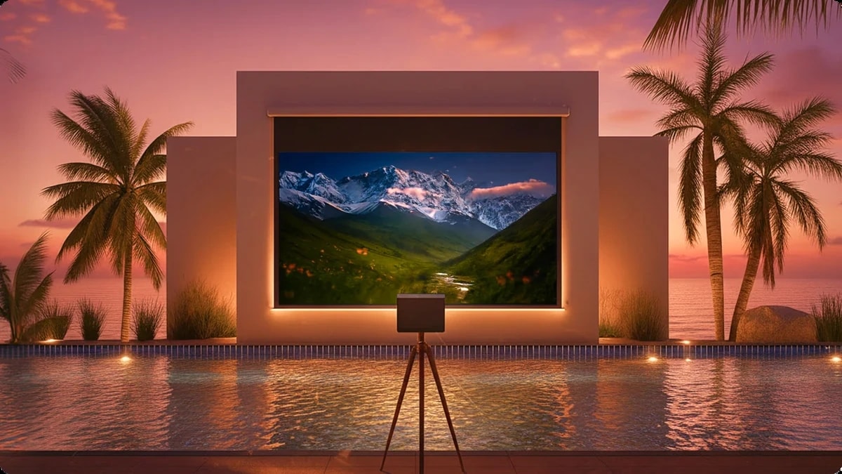 Projecteur extérieur diffusant une image au coucher du soleil près d’une piscine.