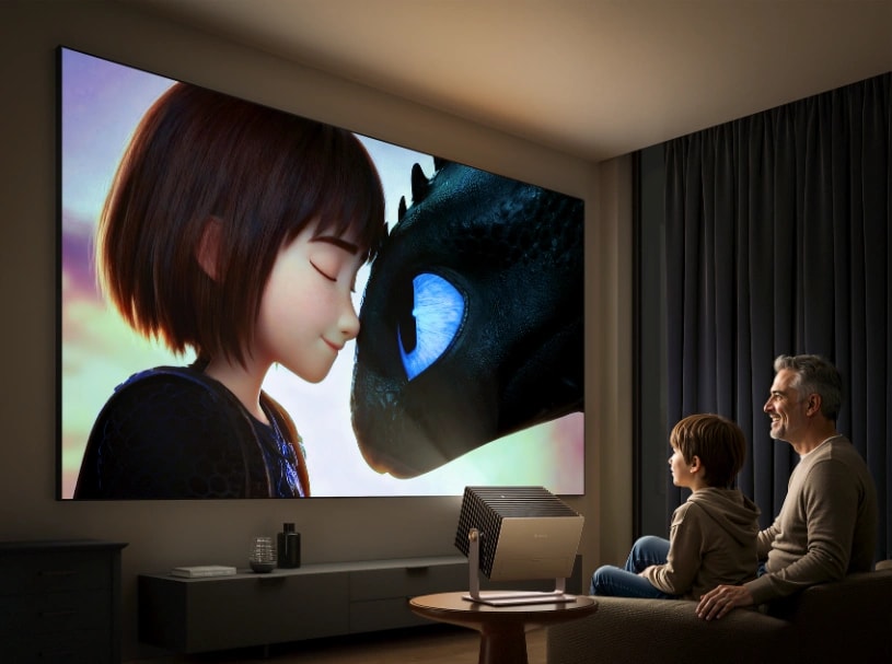 父と子がアニメ映画を見ている