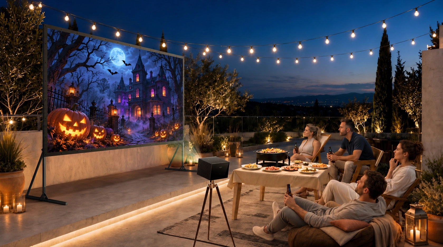 Everyone sat together in the backyard, watching Halloween-themed footage.