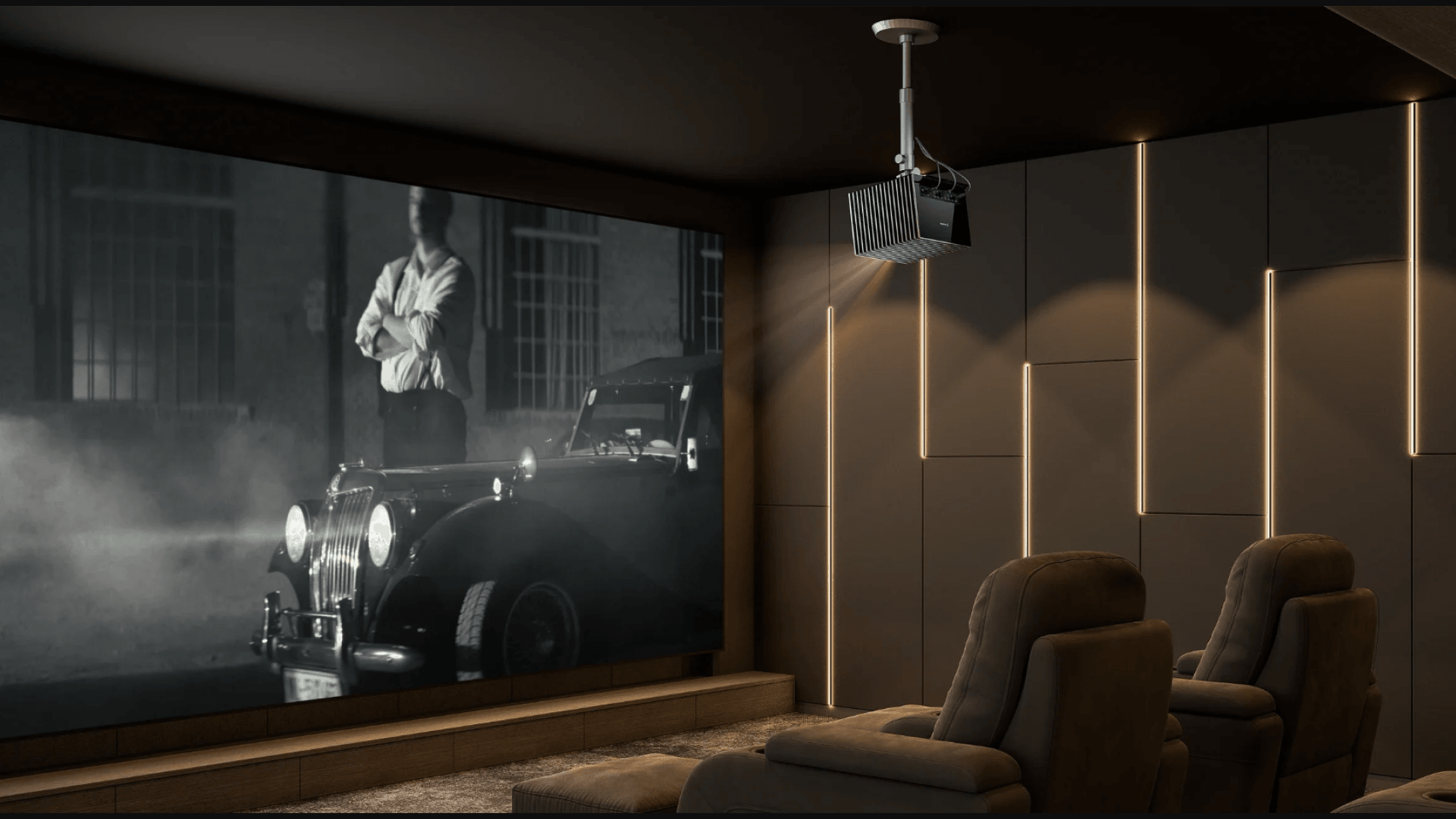 basement home theater playing vintage movie