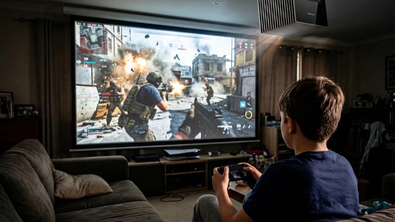 The little boy sat on the sofa and played an FPS game on his PS5 via a projector.