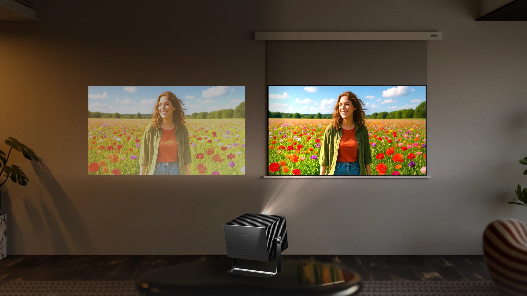 Ein Valerion RGB-Laser-Beamer im Vergleich: Unscharfes Bild auf Raufasertapete gegenüber gestochen scharfer 4K-Qualität auf einer Leinwand.