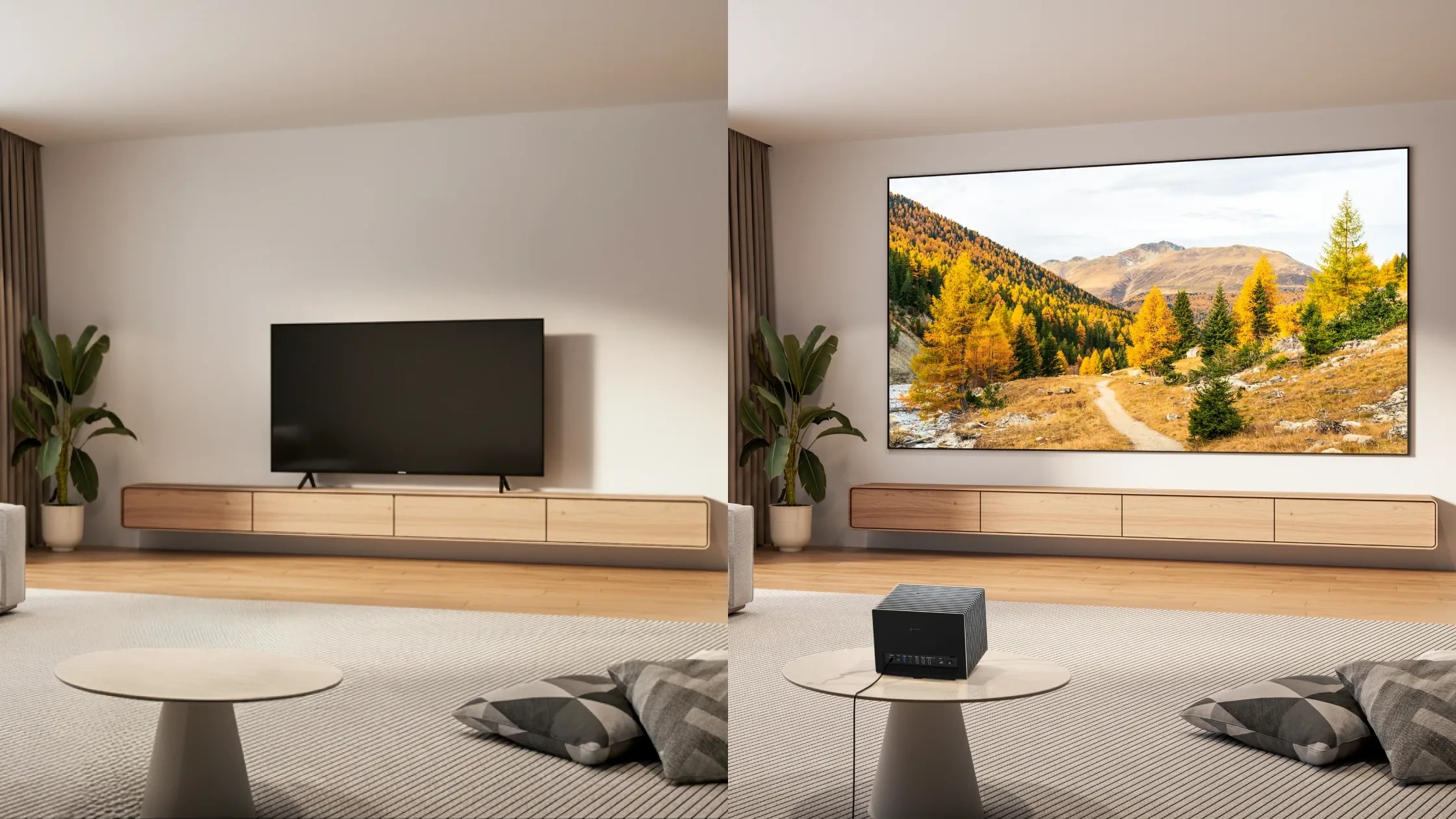 Vergleich im modernen Wohnzimmer: Ein riesiges Valerion Beamer-Bild gegenüber einem herkömmlichen Fernseher.