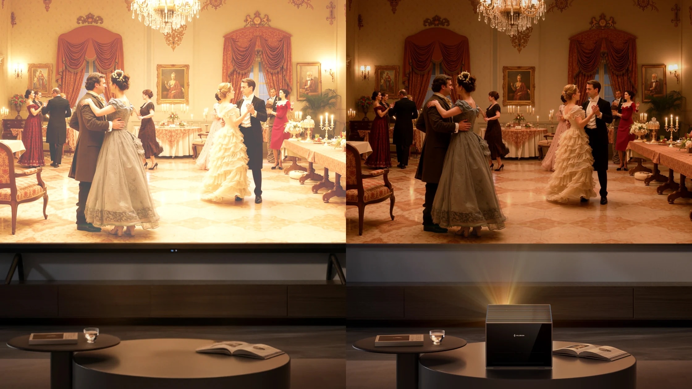 Ein Vergleich von Lumen und Nits: TV-Direktlicht gegenüber dem sanften, reflektierten Licht eines Valerion Projektors.