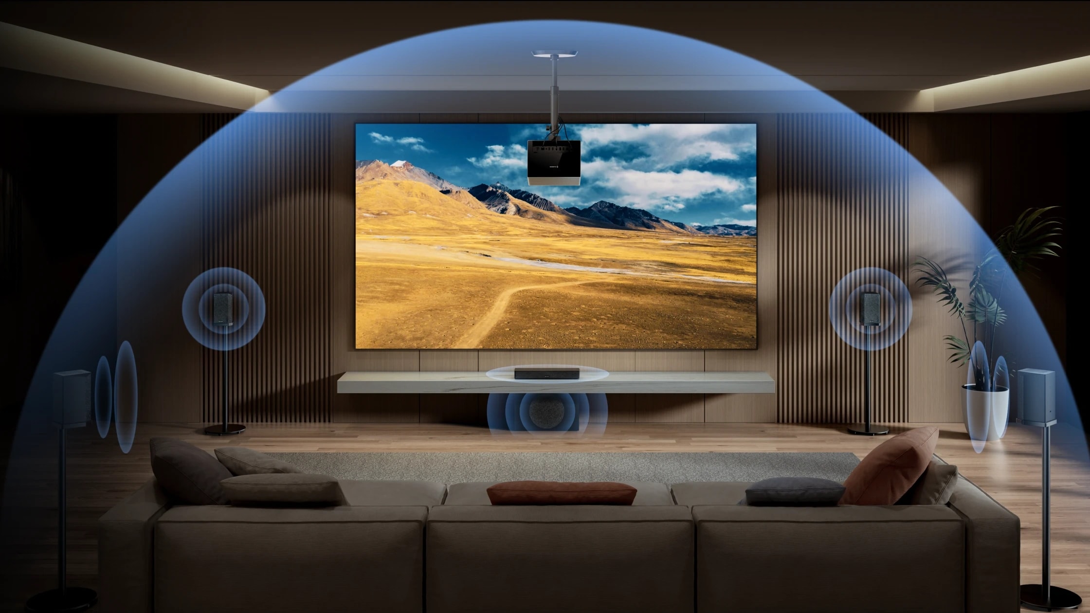 A premium home theater with a Valerion projector visualizing immersive Dolby Atmos 3D surround sound objects.