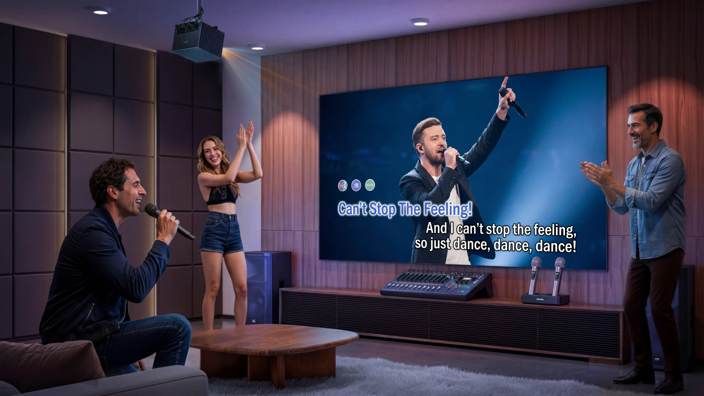 A premium home karaoke setup featuring a Valerion projector, professional audio mixer, and microphones in a modern room.