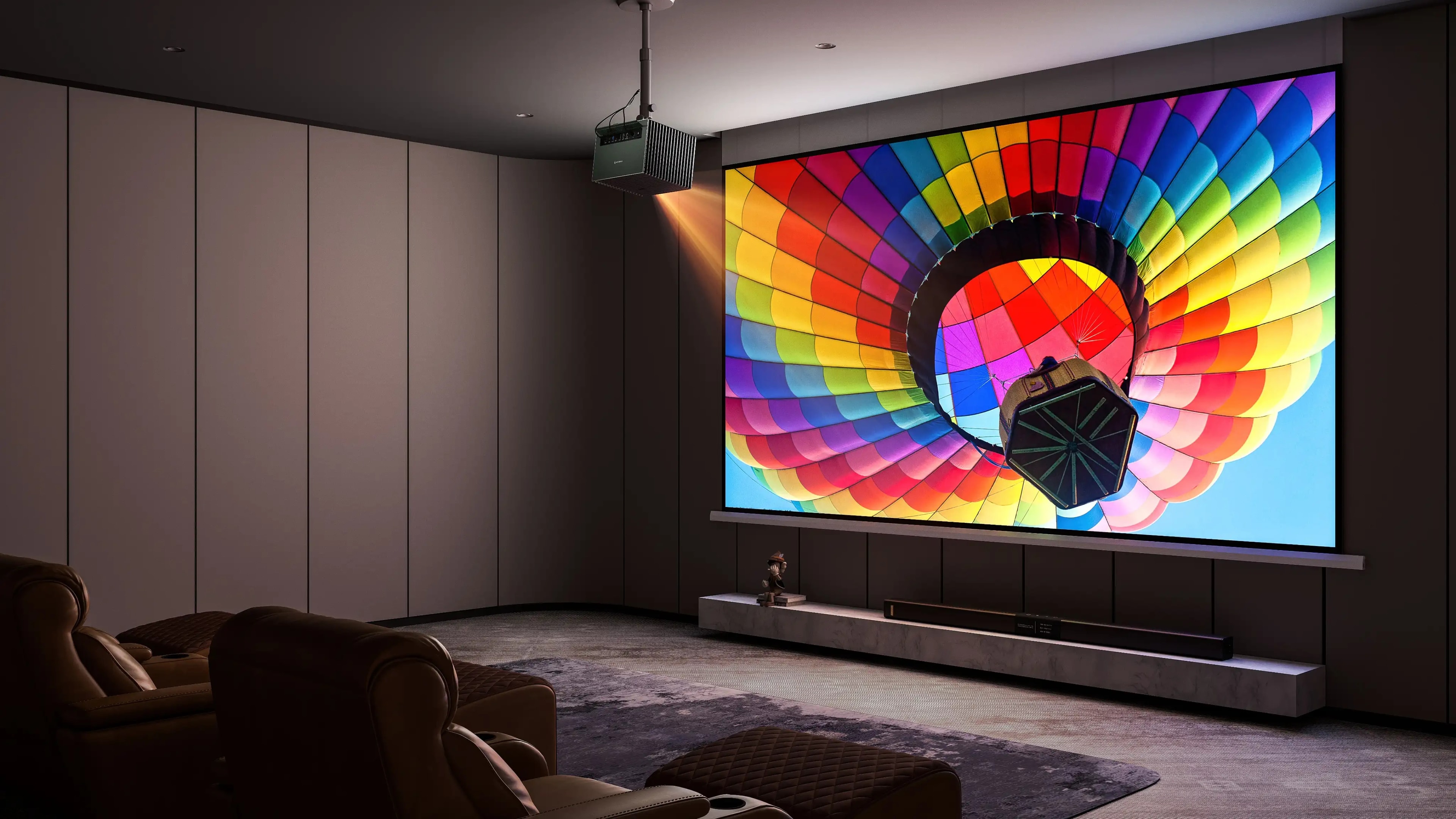 Home theater setup with an RGB laser projector and matte white projection screen