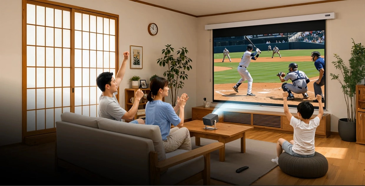 家族みんなでリビングにて、プロジェクターで野球の試合を観ている。