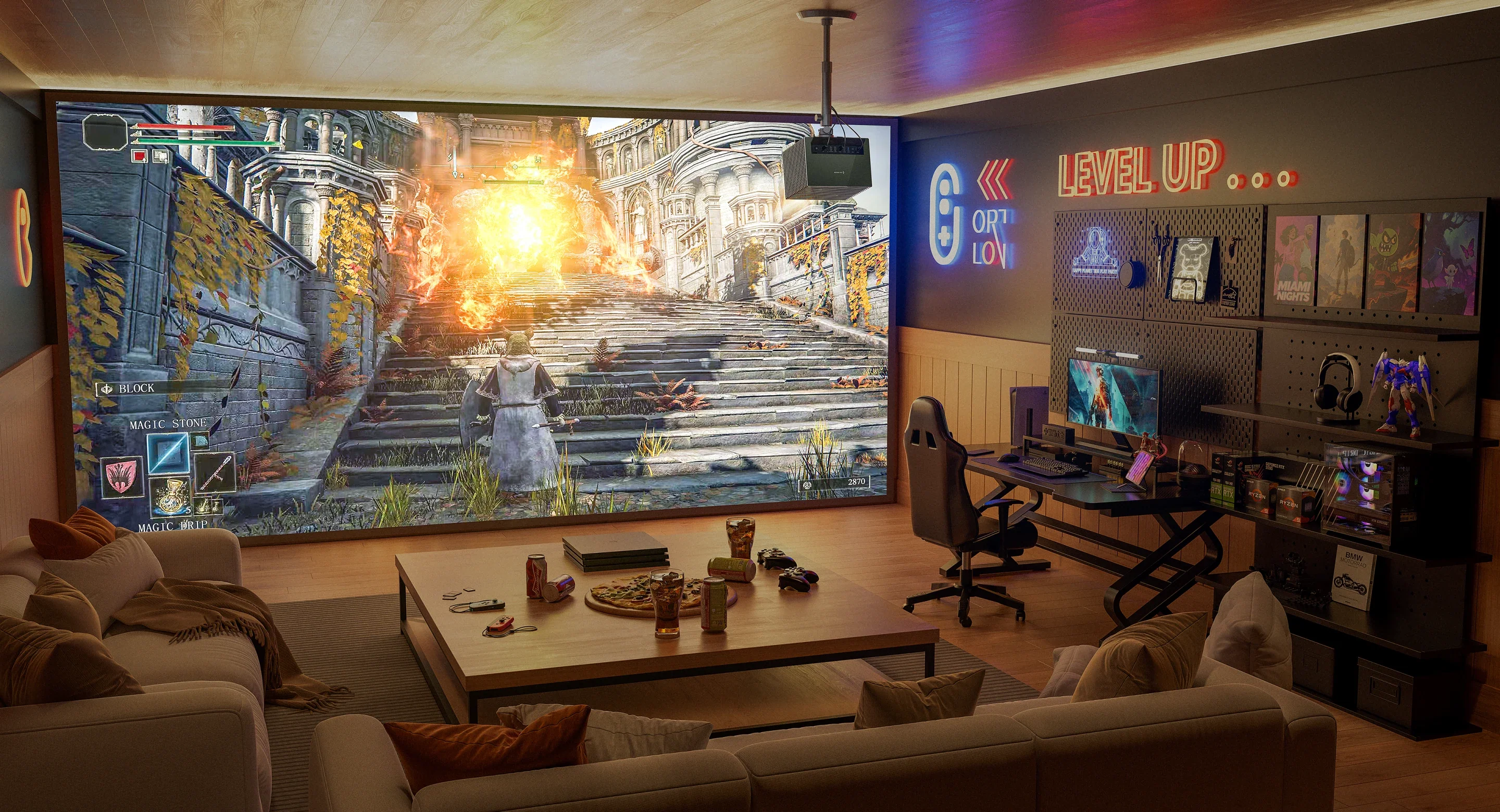 VisionMaster Pro2 ceiling-mounted in a home man-cave, showcasing vivid HDR gaming visuals on a large screen.