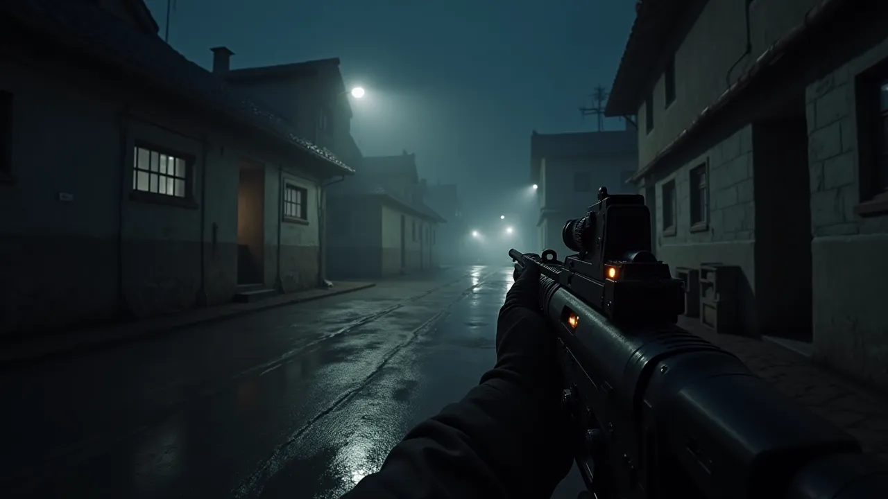 Close-up of a shooter scene in Night Vision mode on VisionMaster Pro 2, highlighting enhanced contrast in dark environments.