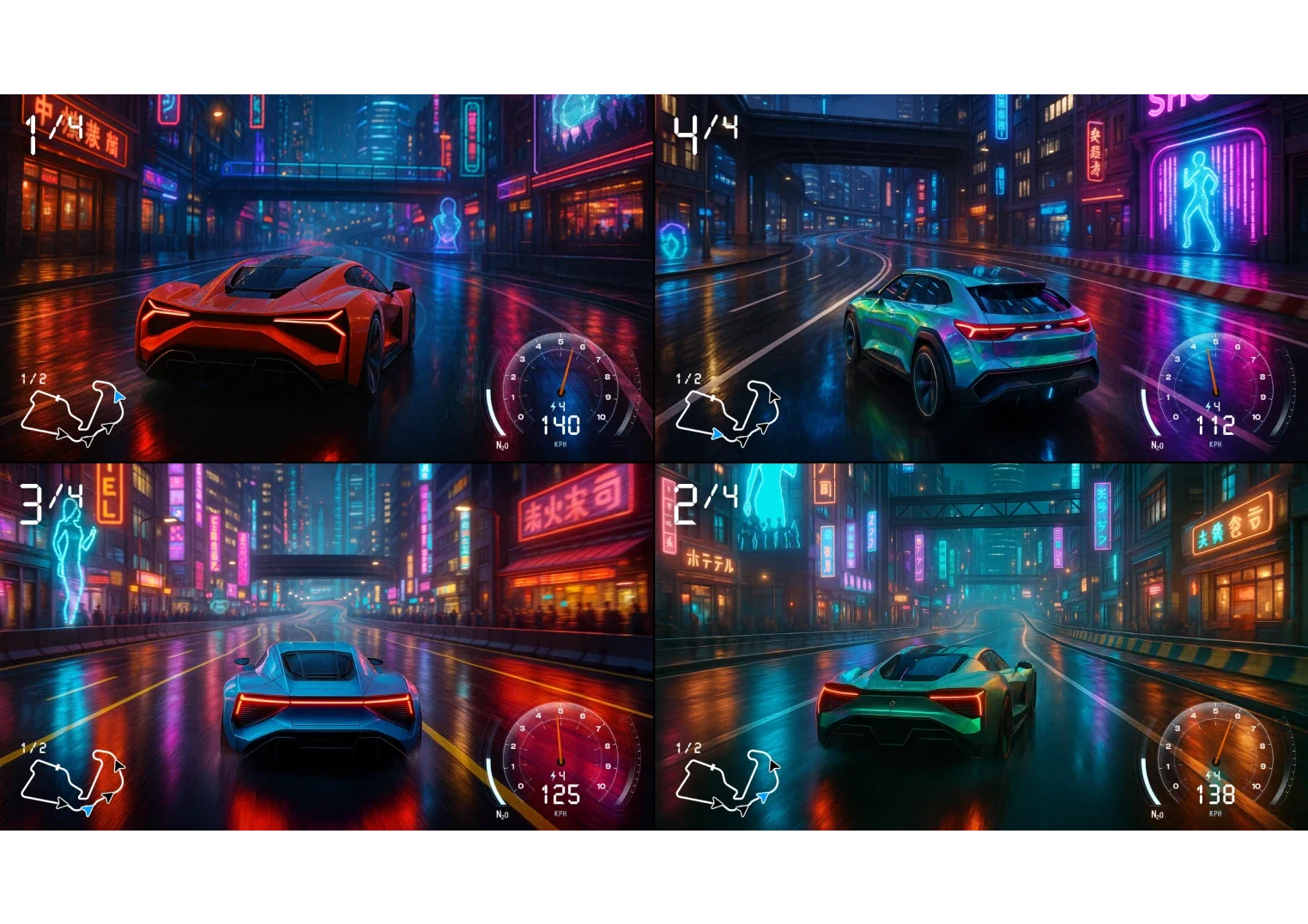 Different modes showing racing game on VisionMaster Pro 2, for immersive gaming.