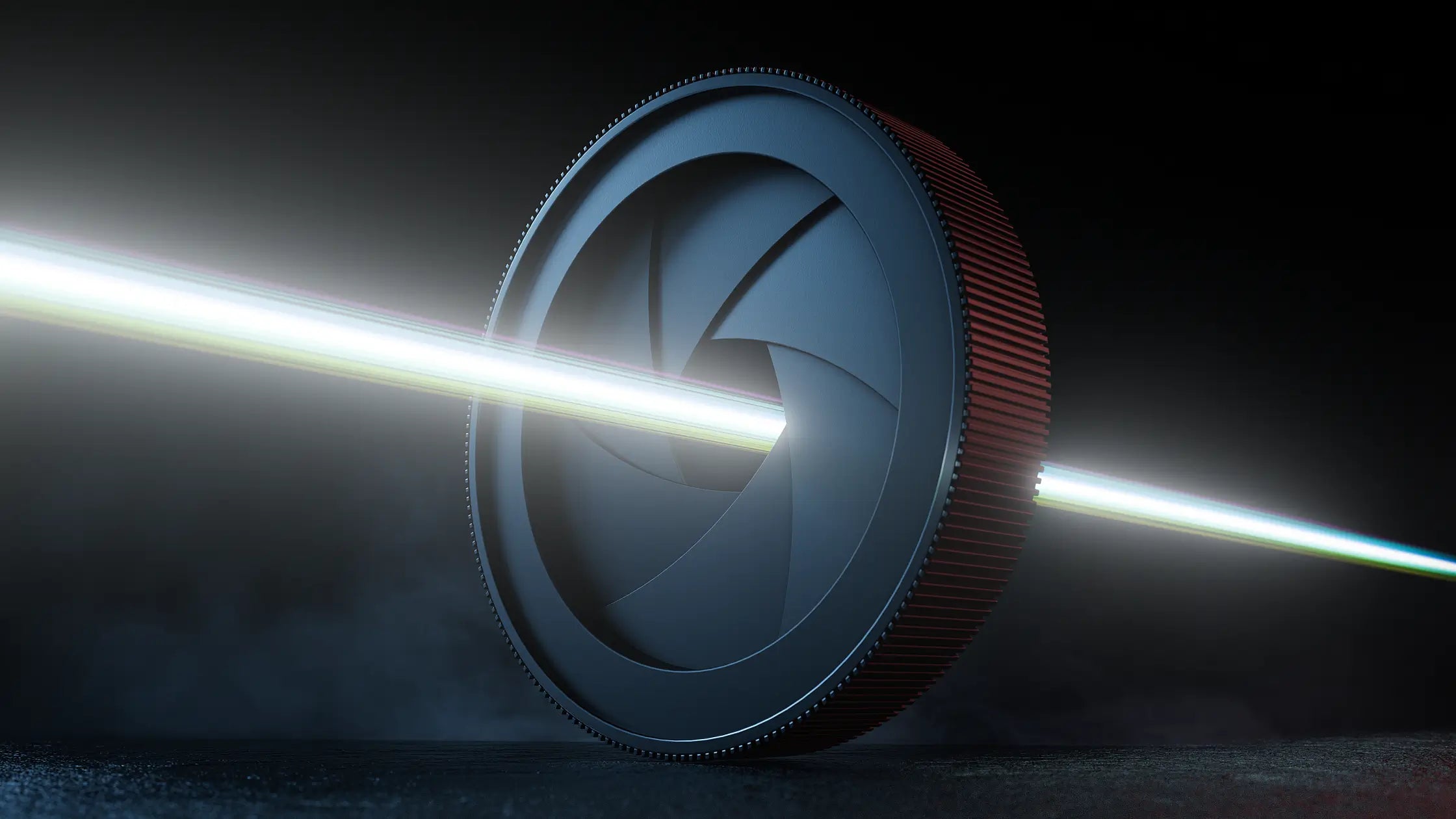 Close-up of projector lens with auto iris mechanism emitting vibrant light beam for enhanced contrast.