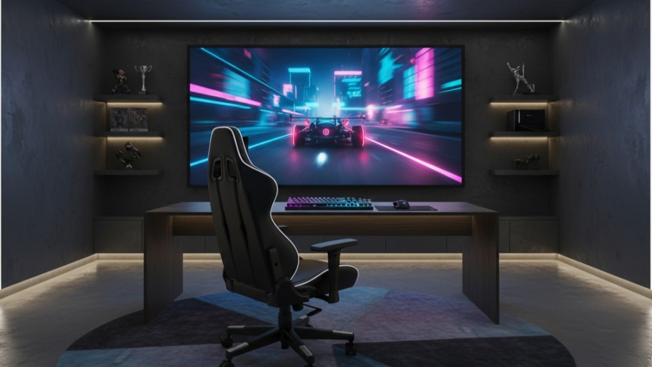 An immersive gaming room setup featuring a Valerion projector, large ALR screen, ergonomic chair, and smart RGB lighting.