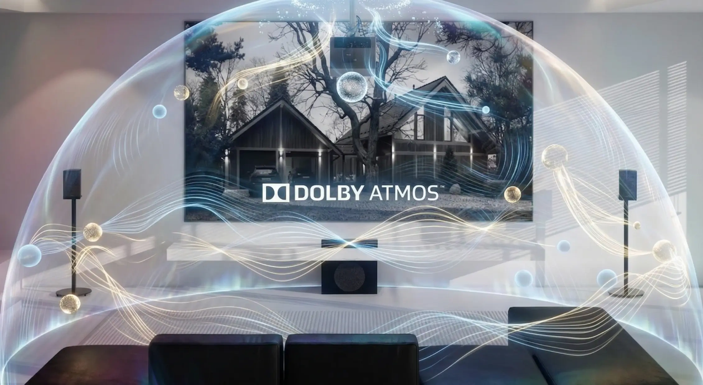 A premium home theater with a Valerion projector visualizing immersive Dolby Atmos 3D surround sound objects.