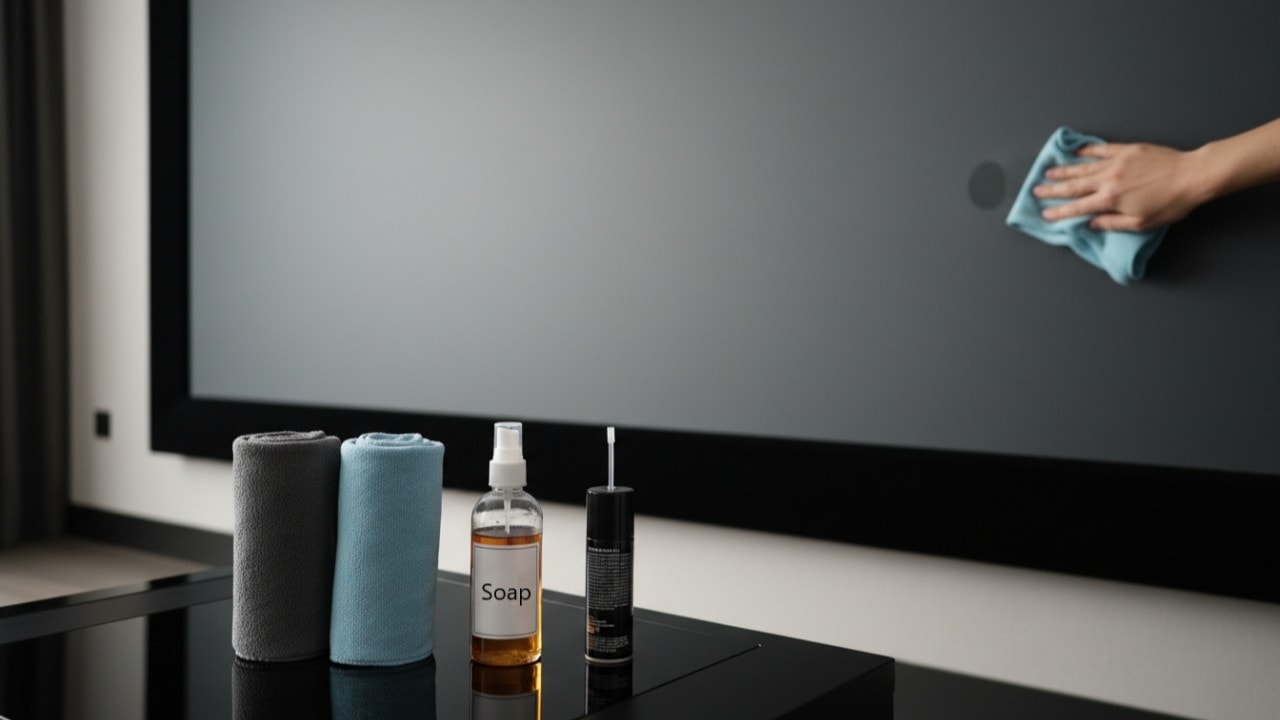 A professional cleaning kit including microfiber cloths arranged in front of a Valerion home theater screen.