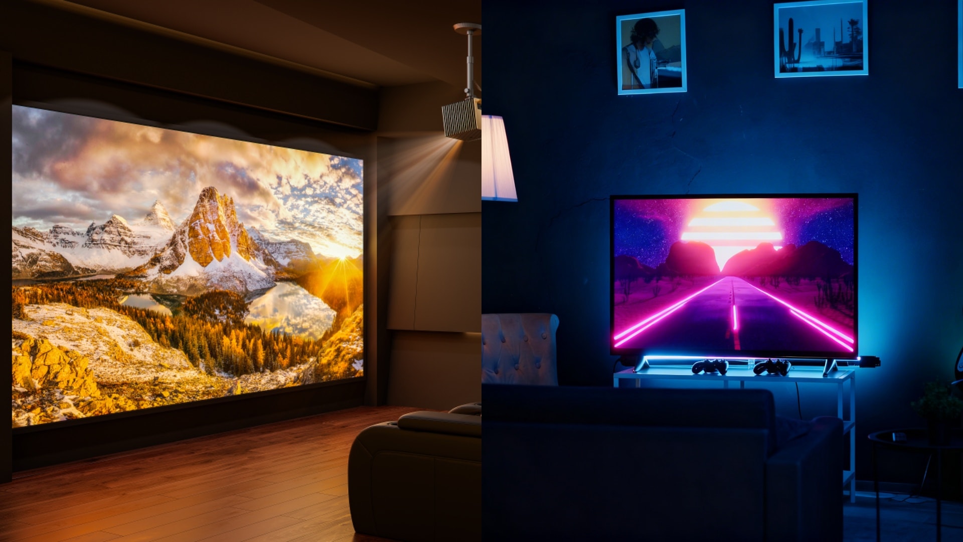 Ein Vergleich von Lumen und Nits: TV-Direktlicht gegenüber dem sanften, reflektierten Licht eines Valerion Projektors.