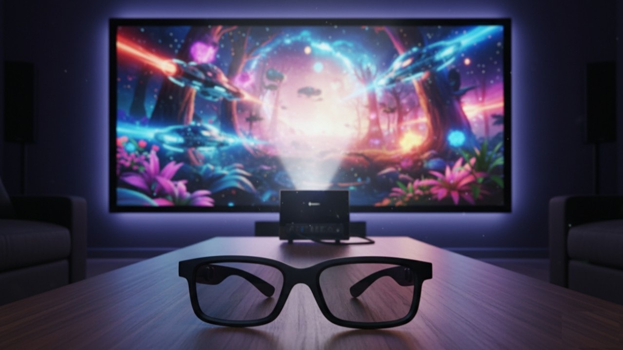 A high-end Valerion 3D projector displaying a vibrant cinematic scene in a dark home theater setup.
