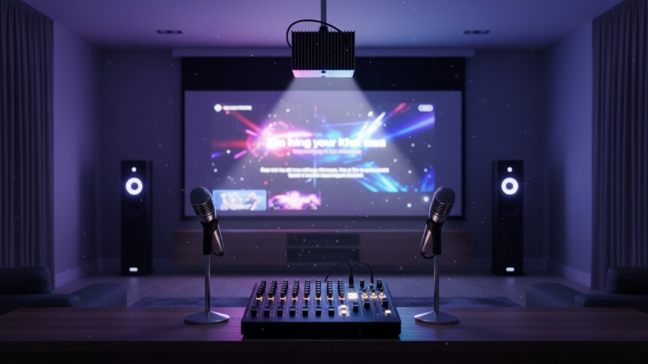 A premium home karaoke setup featuring a Valerion projector, professional audio mixer, and microphones in a modern room.